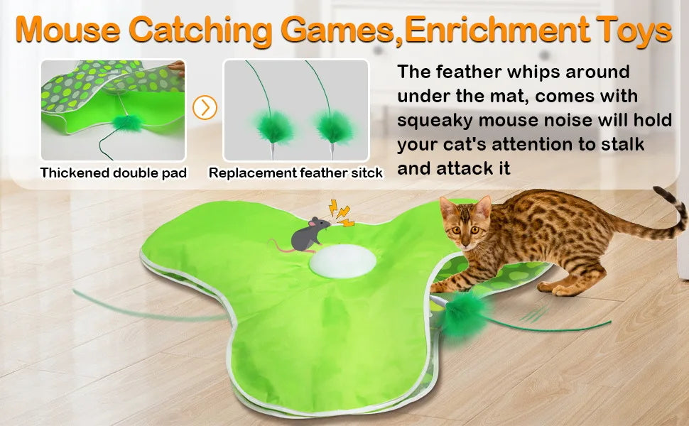 Smart Cat Toys Interactive Hide and Seek Cat Toy with Mouse Squeaky Motion Activated Moving Concealed Feathers Kitten Teaser Toy