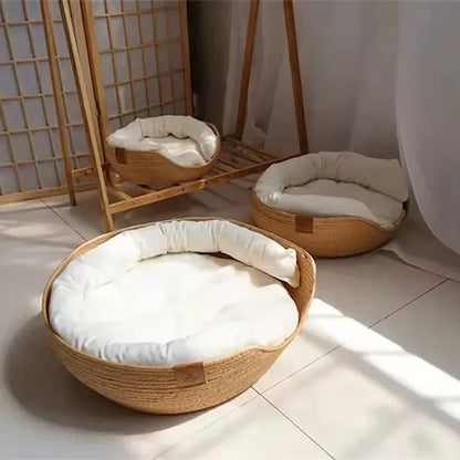 Bamboo Weaving Cat Bed Sofa House - Eco-Friendly Warm Pet Nest for Indoor Cats, Small Medium Cat Furniture Pet Sleeping Supplies