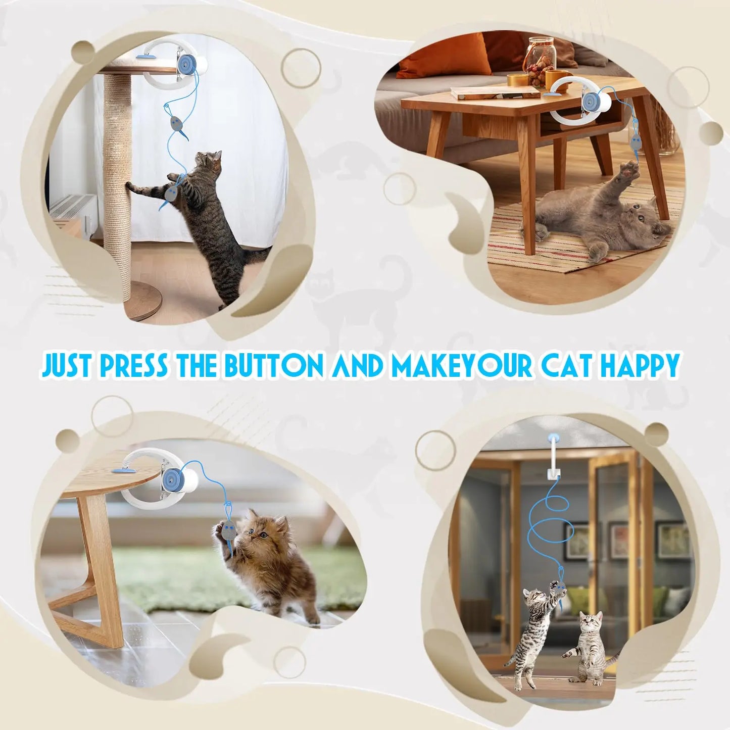 Door Hanging Auto-Rebound Cat Toy, Retractable Kitten Teaser with 3 Catnip Mice, Interactive Pet Play Toy for Indoor Cats - Whit