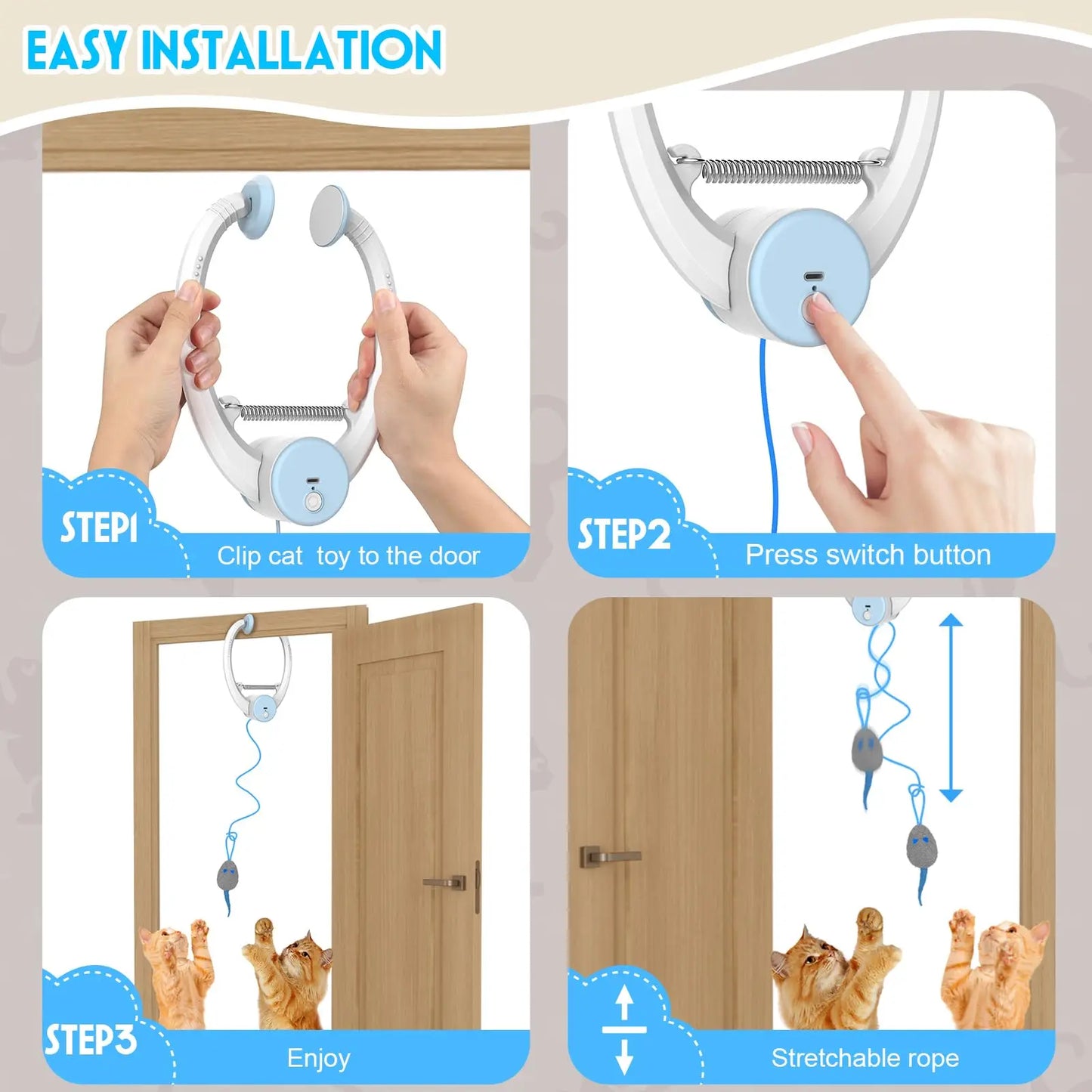 Door Hanging Auto-Rebound Cat Toy, Retractable Kitten Teaser with 3 Catnip Mice, Interactive Pet Play Toy for Indoor Cats - Whit