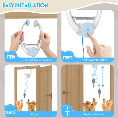 Door Hanging Auto-Rebound Cat Toy, Retractable Kitten Teaser with 3 Catnip Mice, Interactive Pet Play Toy for Indoor Cats - Whit