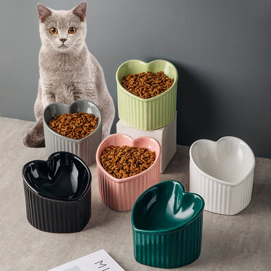Slanted Ceramic Cat Bowl with Stand - Anti-Tip Elevated Cat Food Dish for Neck Protection, Cute Pet Feeding Bowl dogs universal