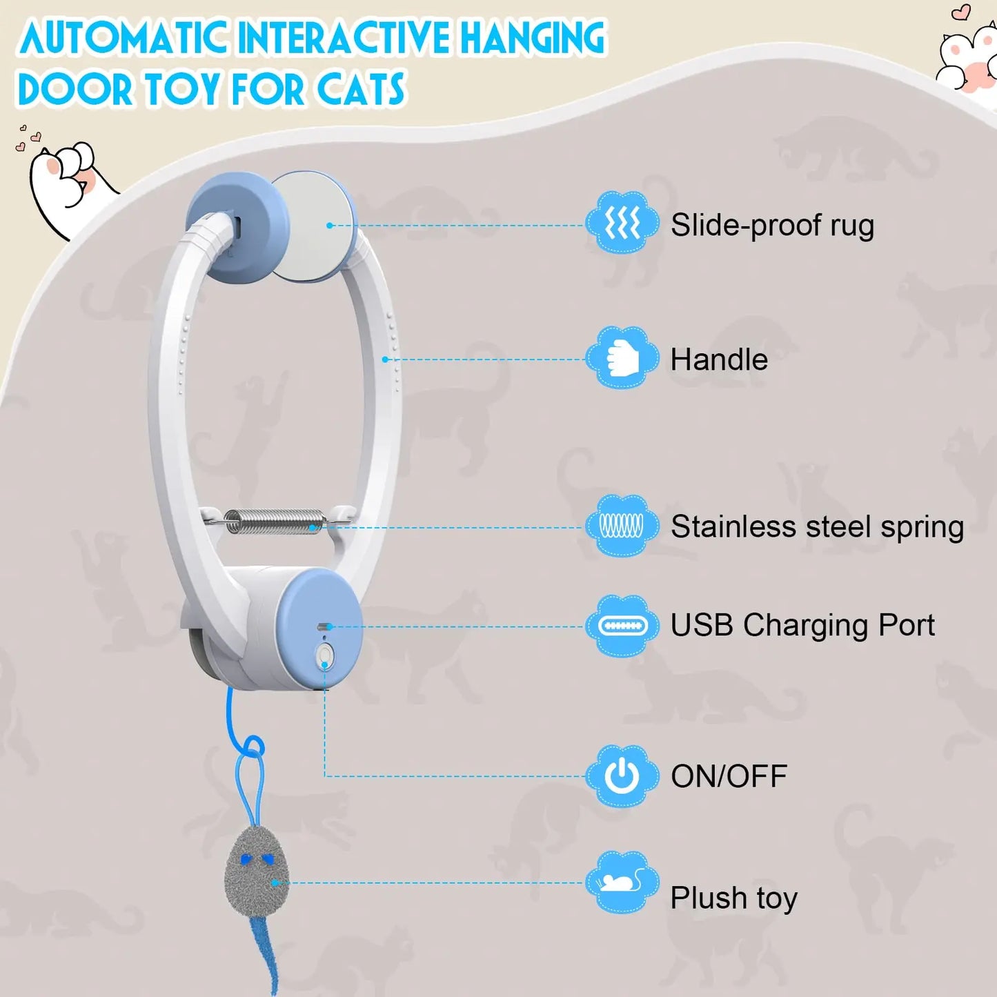 Door Hanging Auto-Rebound Cat Toy, Retractable Kitten Teaser with 3 Catnip Mice, Interactive Pet Play Toy for Indoor Cats - Whit