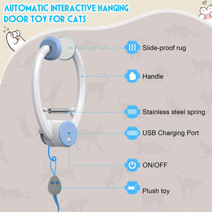 Door Hanging Auto-Rebound Cat Toy, Retractable Kitten Teaser with 3 Catnip Mice, Interactive Pet Play Toy for Indoor Cats - Whit